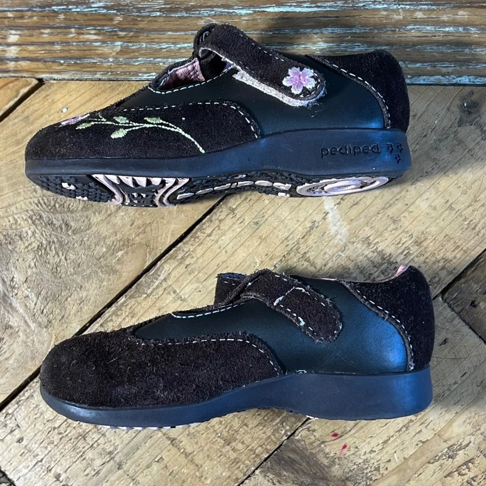 Pediped Brown‎ Leather Suede Floral Embroidered Toddler Shoes Size US 5 EU 21